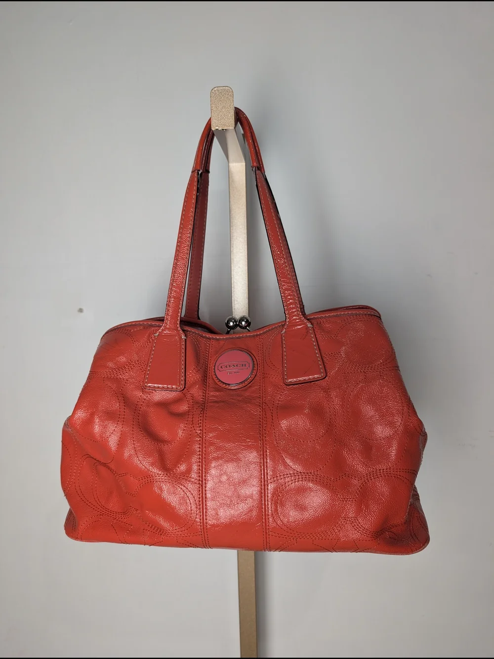 Coach Coral Leather Satchel with Signature Stitching